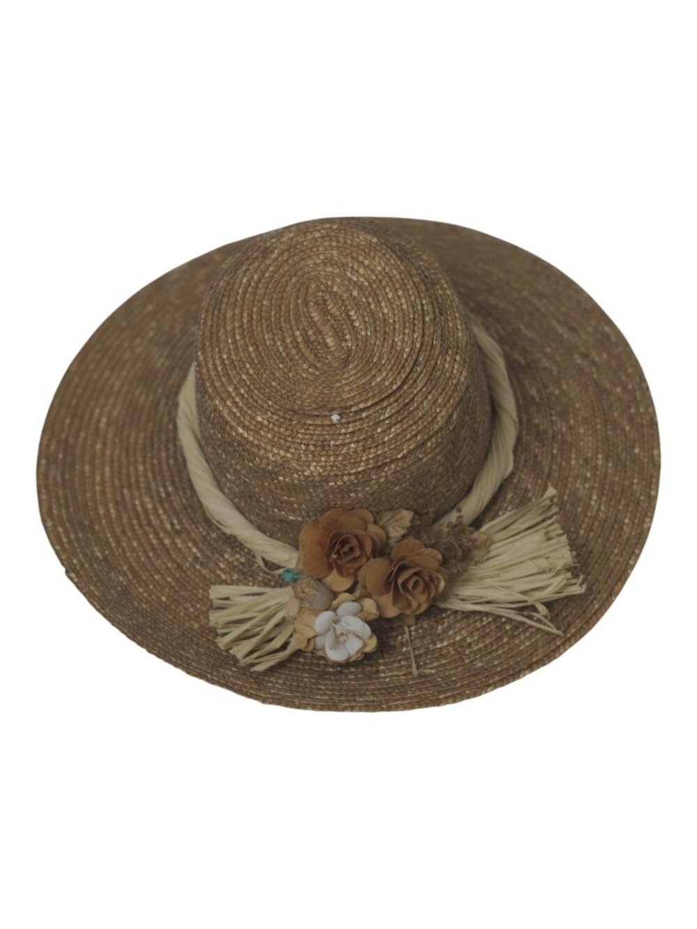 Vintage Straw Hat Wide Brim Floral Raffia Garden Party Derby Women 22 Inch - Picture 3 of 10